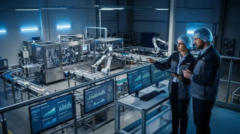 In a modern food processing facility, the CISO and QA Manager review data on 'LOCAL DATA ANALYSIS' and 'NETWORK SECURITY STATUS' screens, emphasizing data sovereignty and risk mitigation under FSSC 22000 v6 using offline analysis software.